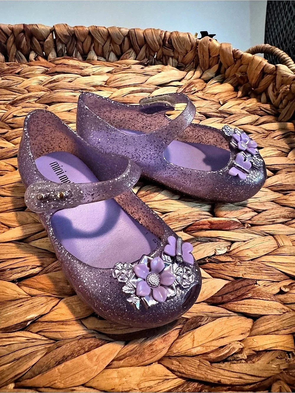 mini melissa Purple Glitter Flower Mary Jane Shoes